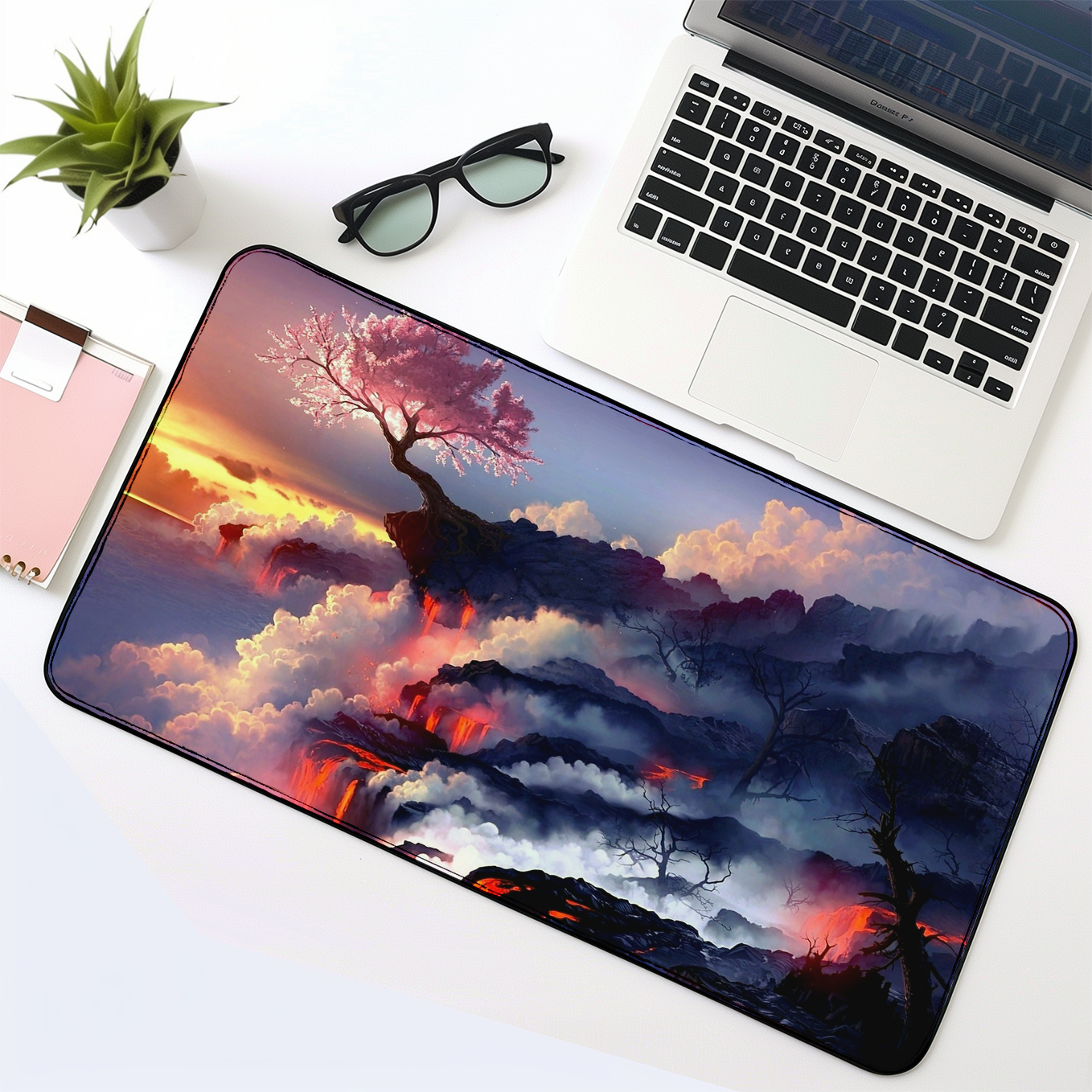 Sakura Cherry Tree Cloudy Art Mouse Pad - 23.6 x 11 Inch Desk Pad - Gaming and Workstation Mat for Anime Landscape Enthusiasts - Non-Slip Rubber Base - Smooth Surface for Precise Control