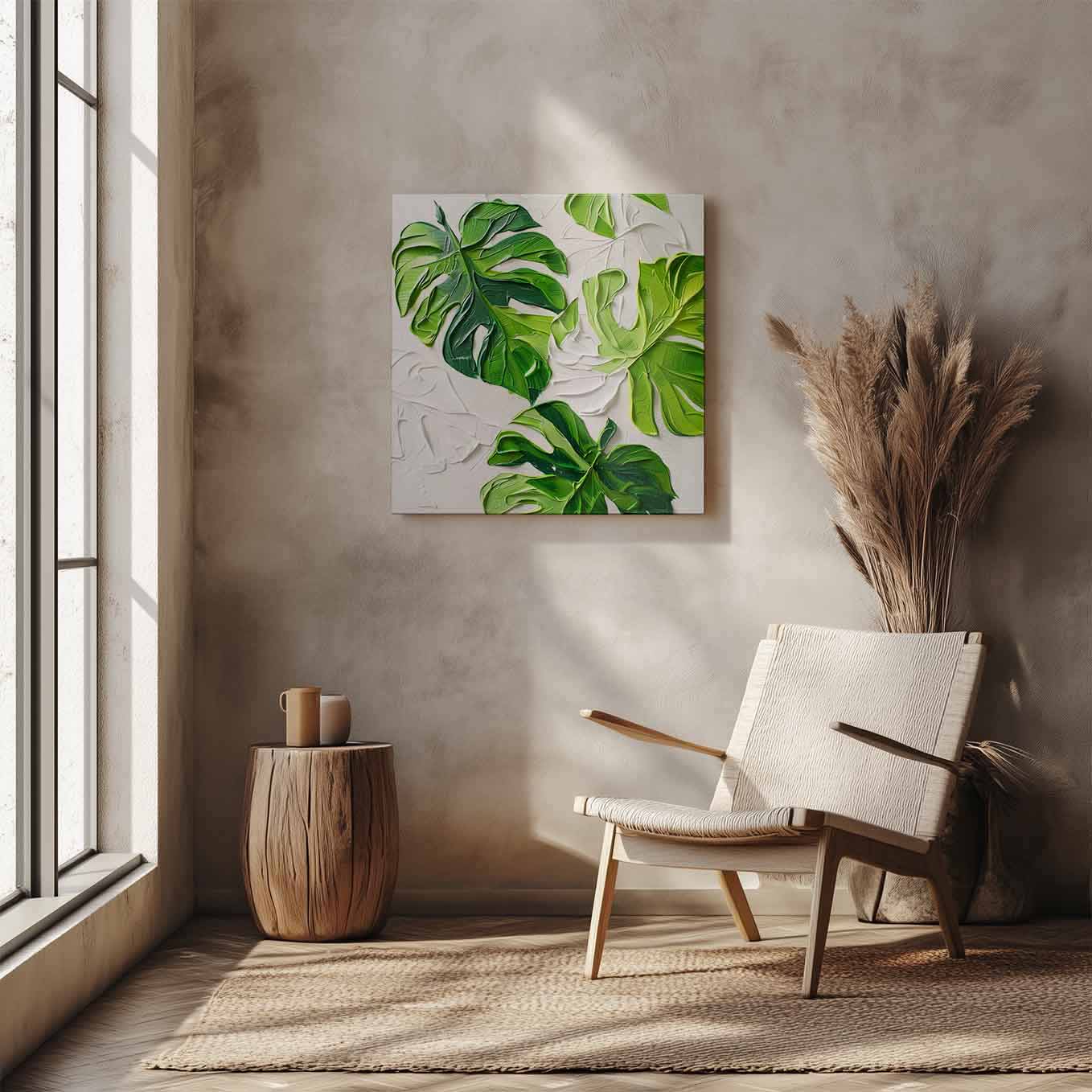 Monstera Leaf Textured Painting Wall Art - 24x24 inches Stretched Canvas print for Home Office