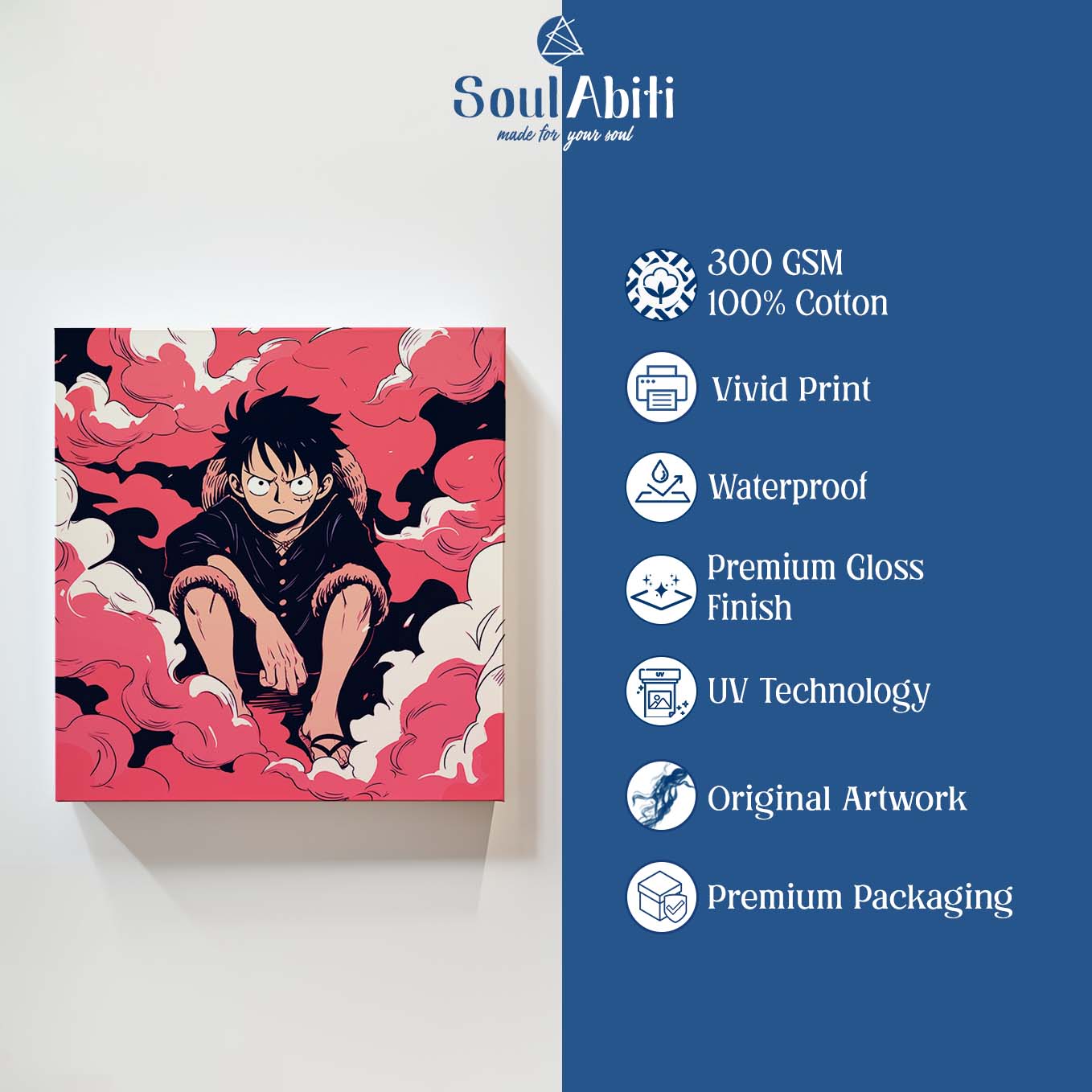 One Piece Monkey D. Luffy Painting Wall Art - 24x24 inches Stretched Canvas print for Home Office