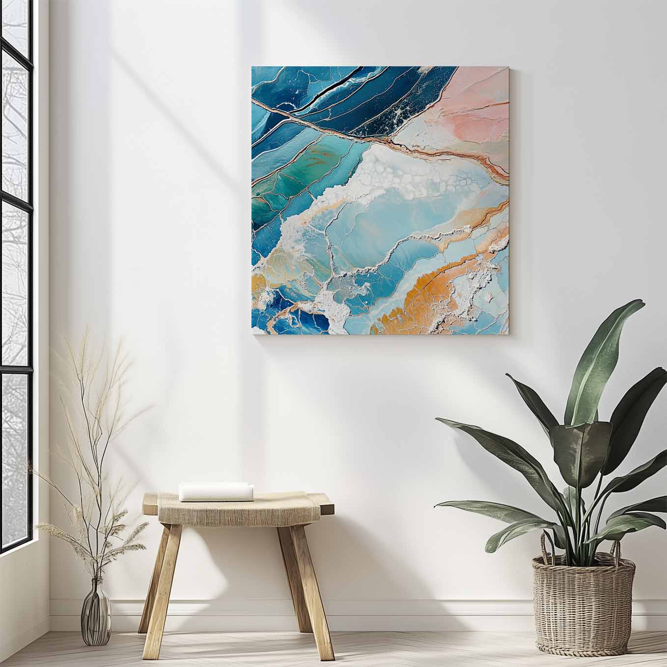 Blue Salt Fields Abstract Painting Wall Art - 24x24 inches Stretched Canvas print for Home Office