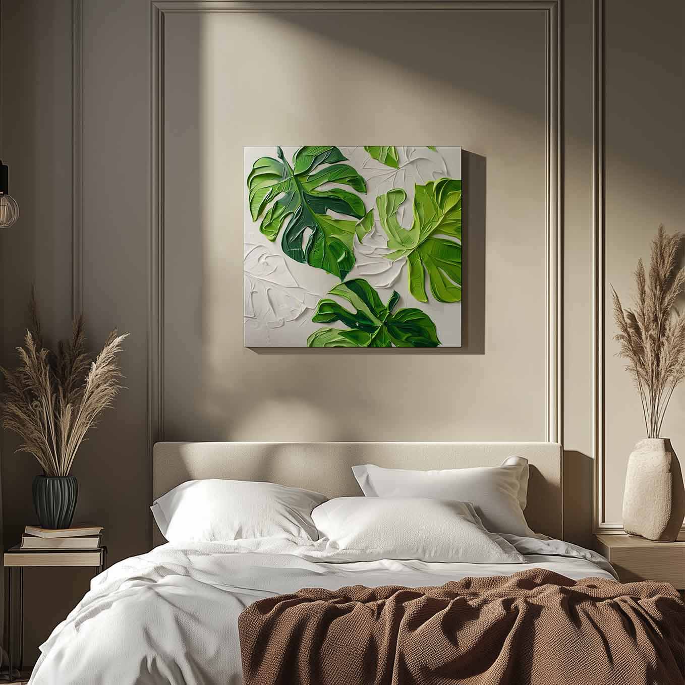 Monstera Leaf Textured Painting Wall Art - 24x24 inches Stretched Canvas print for Home Office