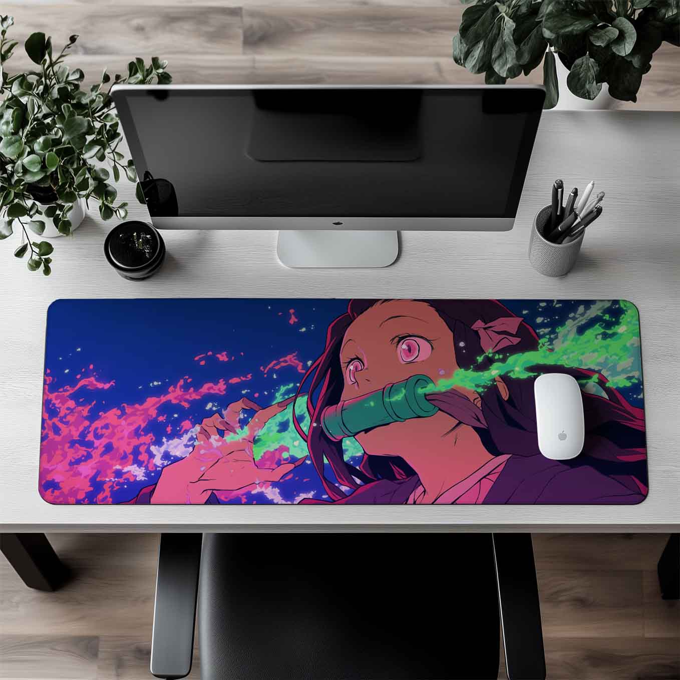 Nezuko minimal XXXL Deskpad – 36x14 Inches Extra Large Mouse Pad with Non-Slip Rubber base, Stitched Edges, Waterproof Surface – Ideal for Gaming and Office Desk