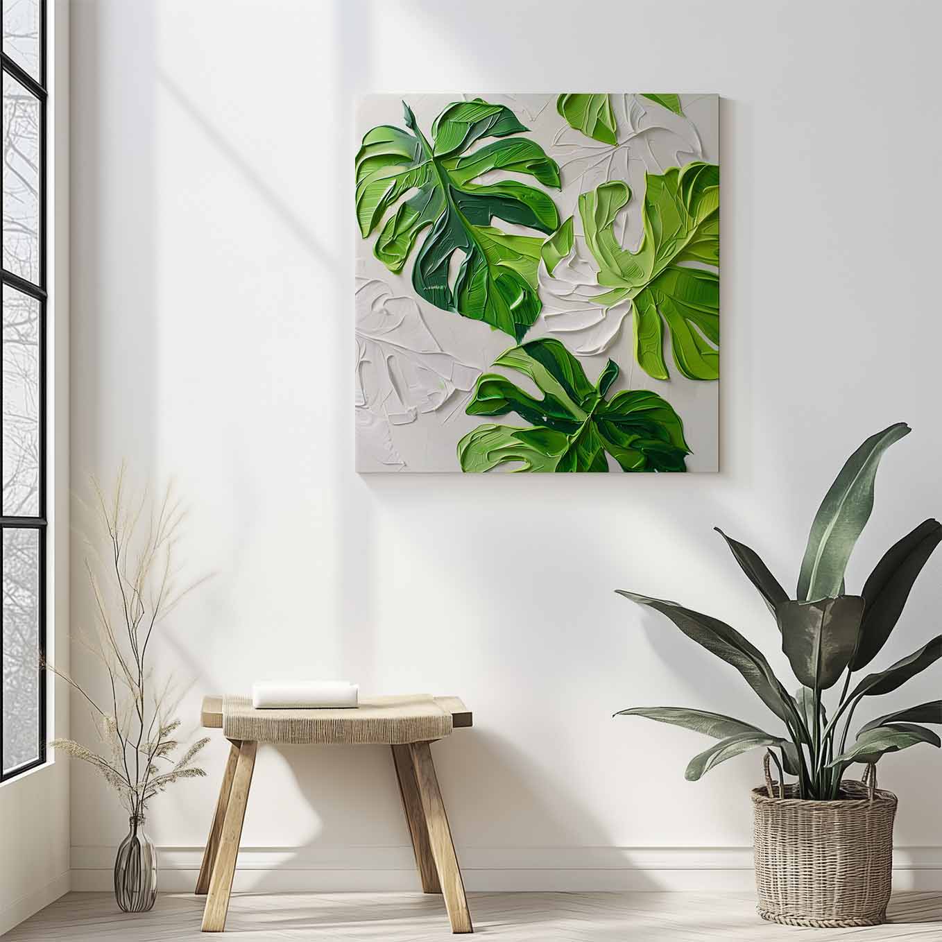 Monstera Leaf Textured Painting Wall Art - 24x24 inches Stretched Canvas print for Home Office