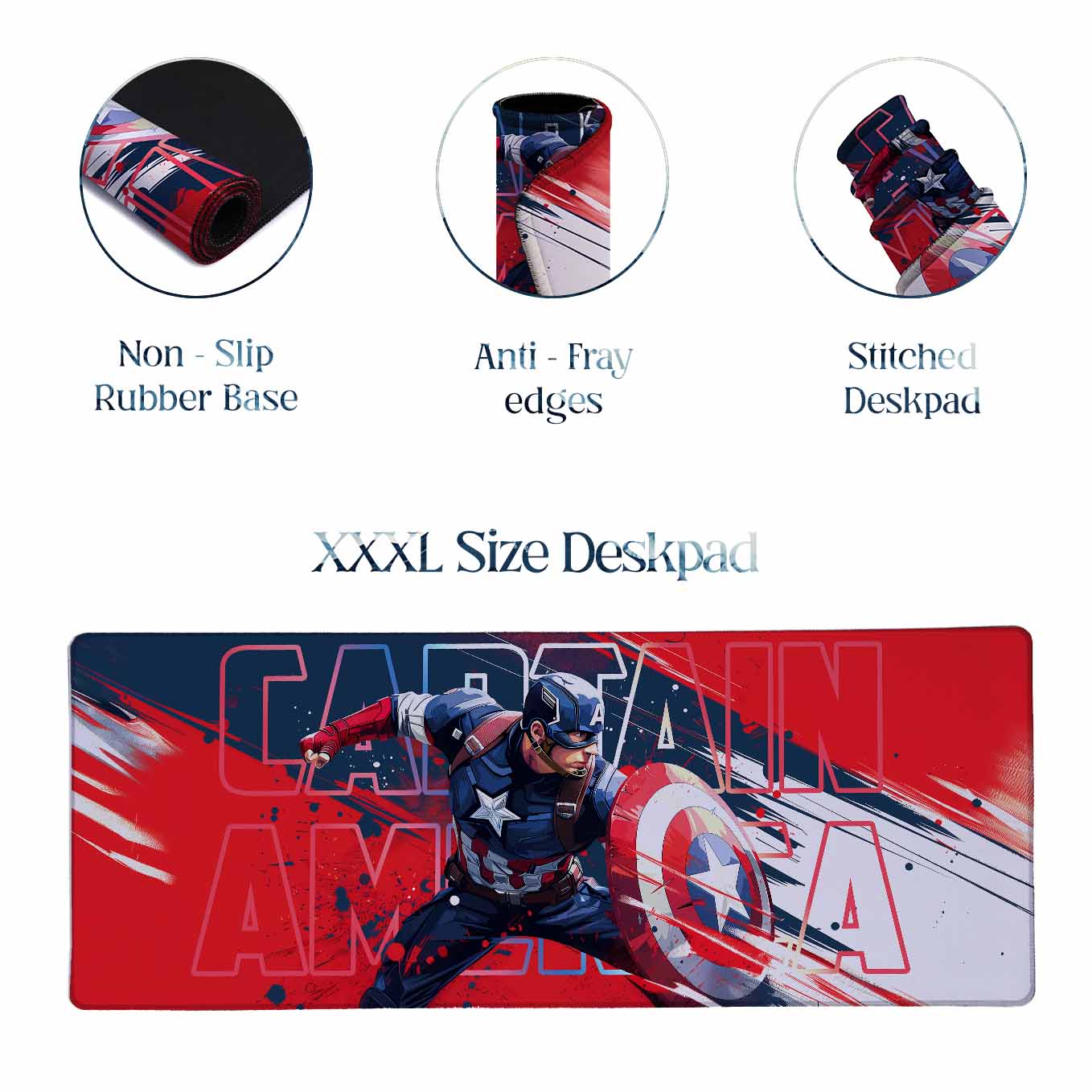 Captain America Shield XXXL Deskpad – 36x14 Inches Extra Large Mouse Pad with Non-Slip Rubber base, Stitched Edges, Waterproof Surface – Ideal for Gaming and Office Desk