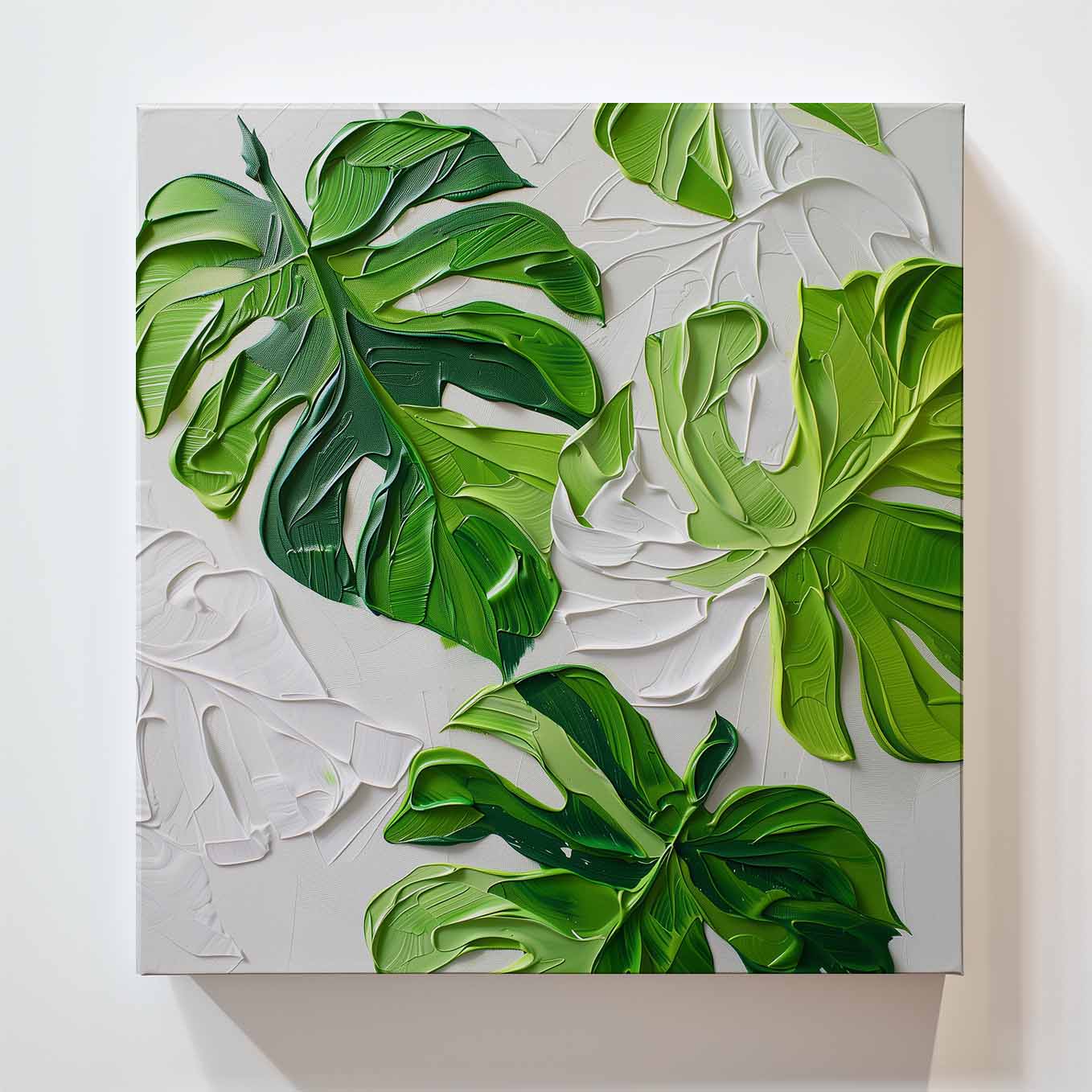 Monstera Leaf Textured Painting Wall Art - 24x24 inches Stretched Canvas print for Home Office