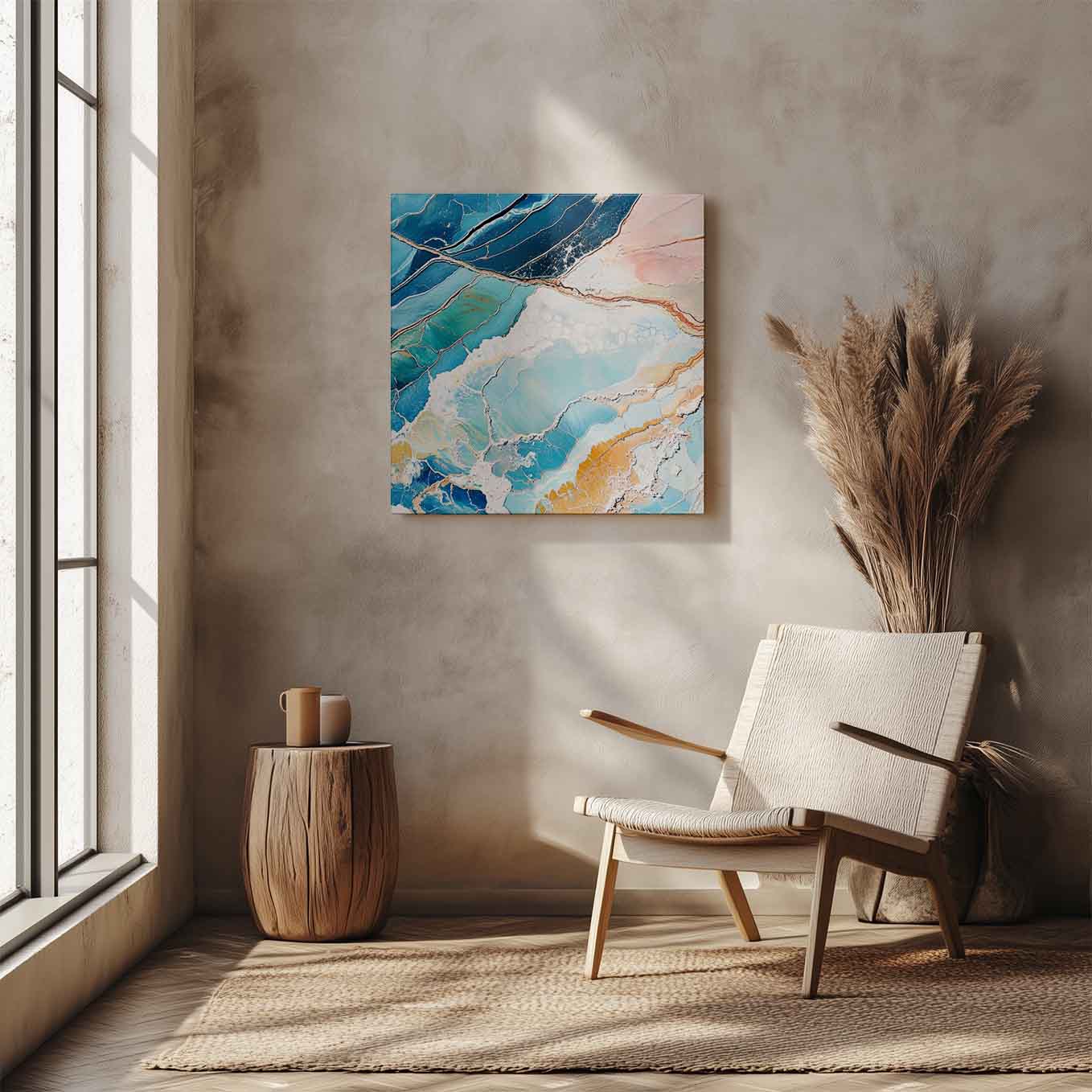 Blue Salt Fields Abstract Painting Wall Art - 24x24 inches Stretched Canvas print for Home Office