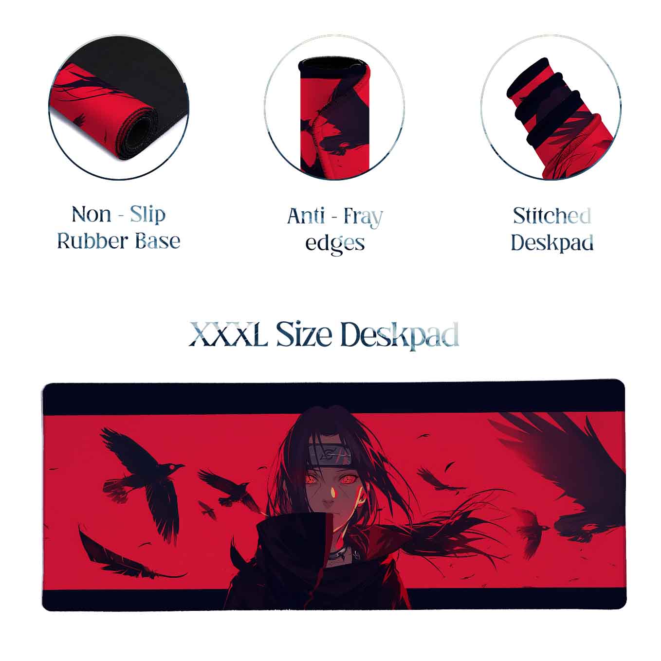 Itachi Uchiha Crow Genjutsu XXXL Deskpad – 36x14 Inches Extra Large Mouse Pad with Non-Slip Rubber base, Stitched Edges, Waterproof Surface – Ideal for Gaming and Office Desk