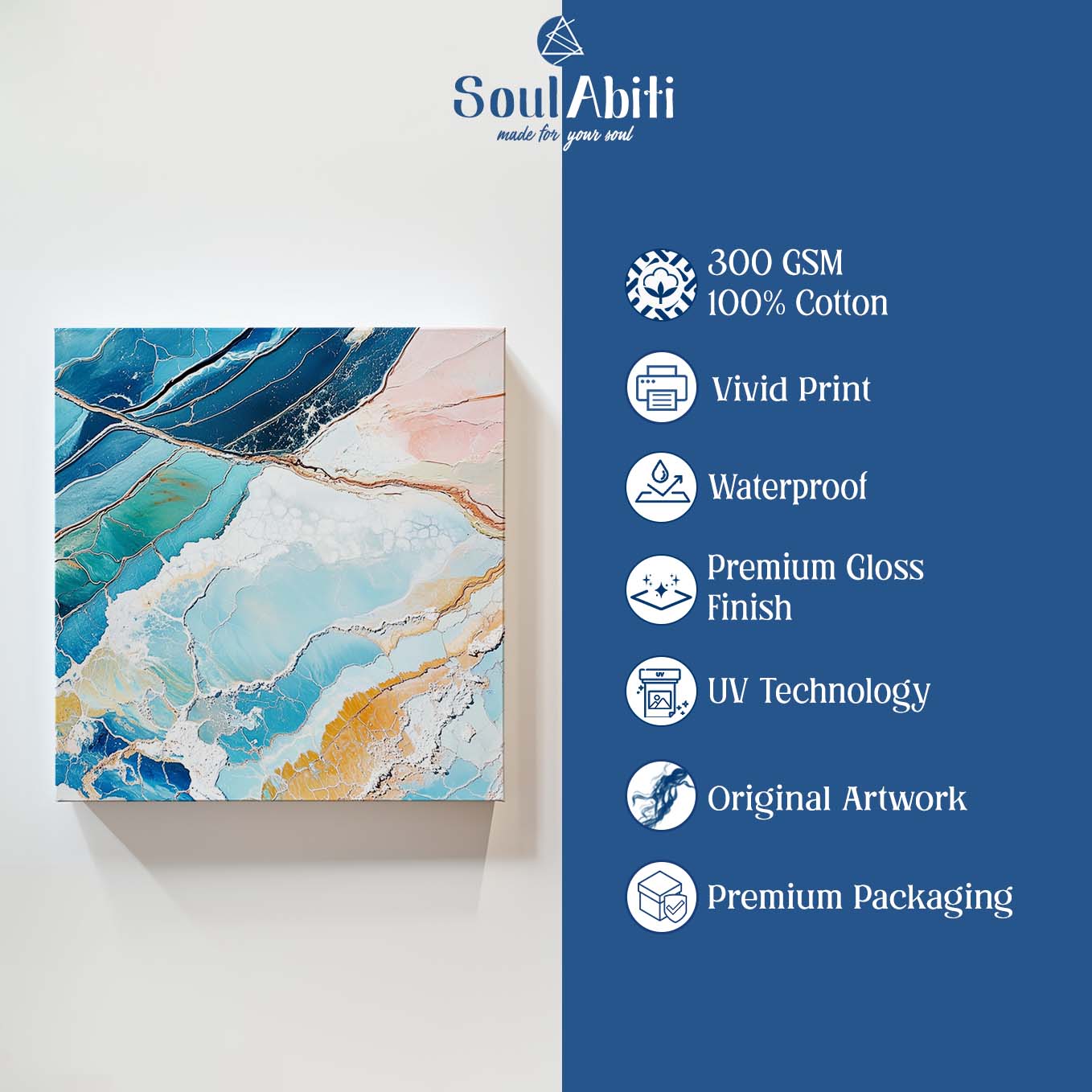 Blue Salt Fields Abstract Painting Wall Art - 24x24 inches Stretched Canvas print for Home Office