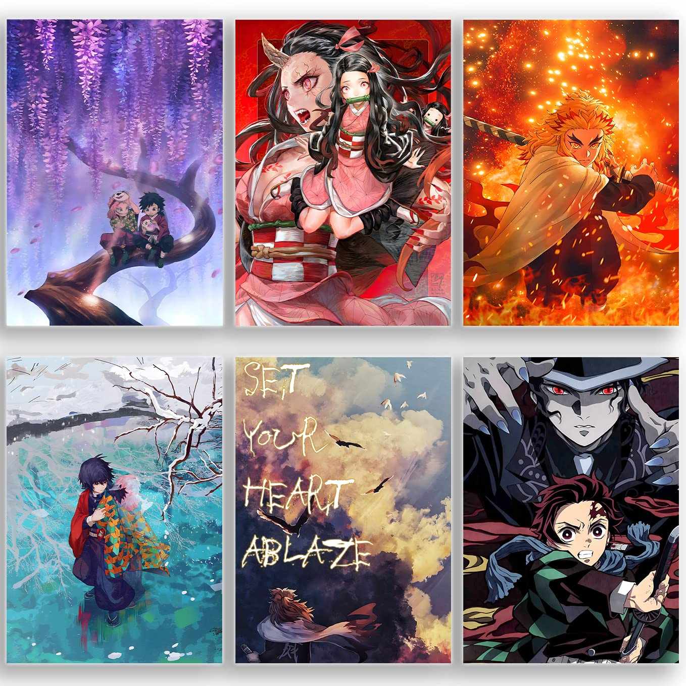 Demon slayer Set of 20 posters Tanjiro, Giyu, Nezuko, Zenitsu, Inosuke, Shinobu, Rengoku, Daki, Akaza, and more) 9x12-Inch - SoulAbiti