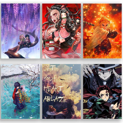 Demon slayer Set of 20 posters Tanjiro, Giyu, Nezuko, Zenitsu, Inosuke, Shinobu, Rengoku, Daki, Akaza, and more) 9x12-Inch - SoulAbiti