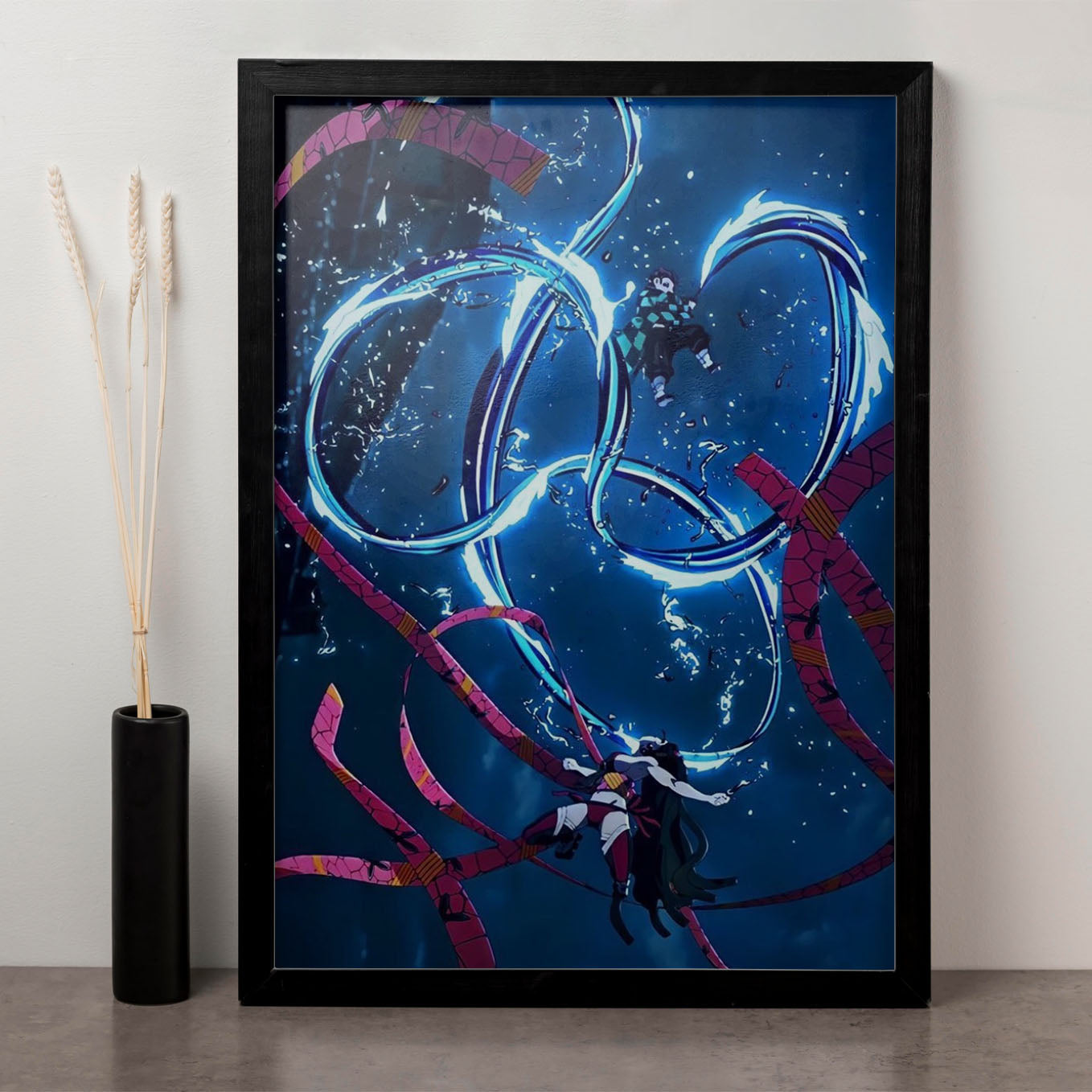 Demon Slayer Tanjiro and Daki fighting Poster art framed 13x19-Inch - SoulAbiti