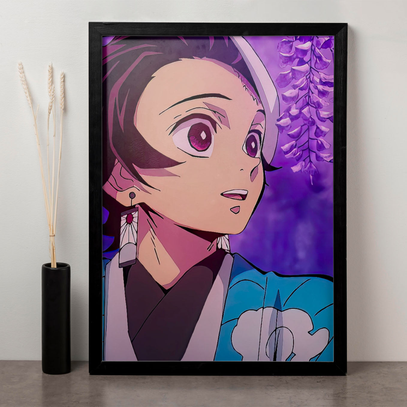 Demon Slayer Tanjiro in wisteria garden Poster anime framed (13x19-Inch, Plexi-Glass, Textured Frame) - SoulAbiti