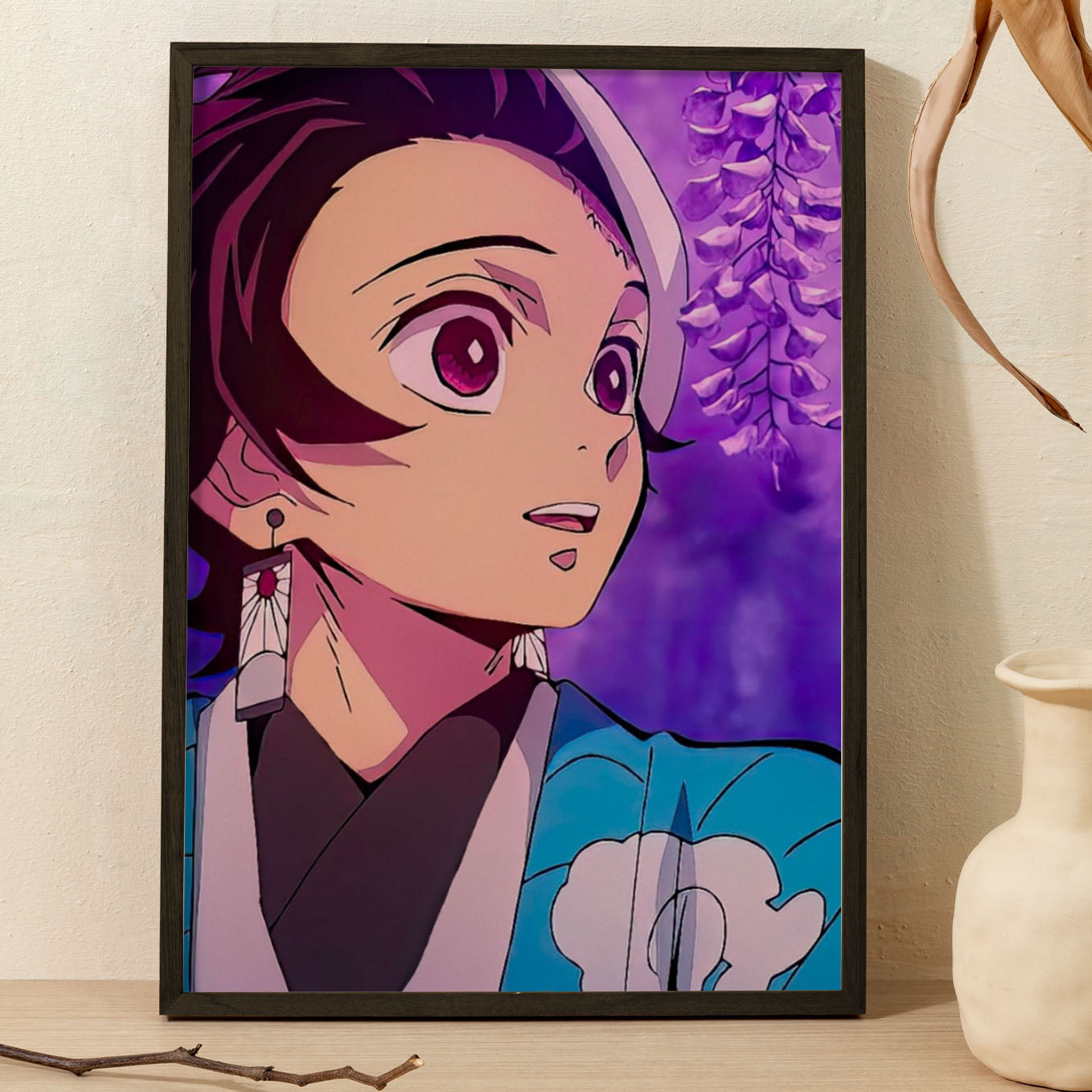 Demon Slayer Tanjiro in wisteria garden Poster anime framed (13x19-Inch, Plexi-Glass, Textured Frame) - SoulAbiti