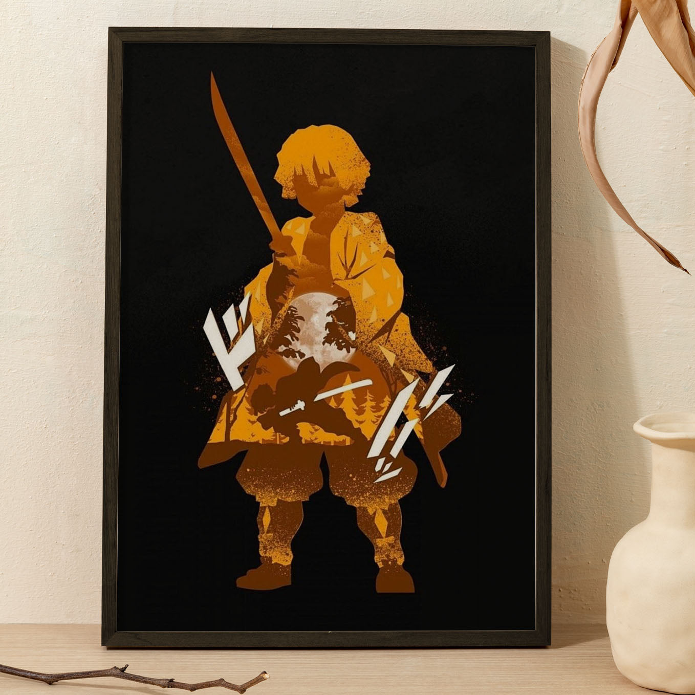 Demon Slayer Zenitsu illustration Poster art framed 13x19-Inch - SoulAbiti