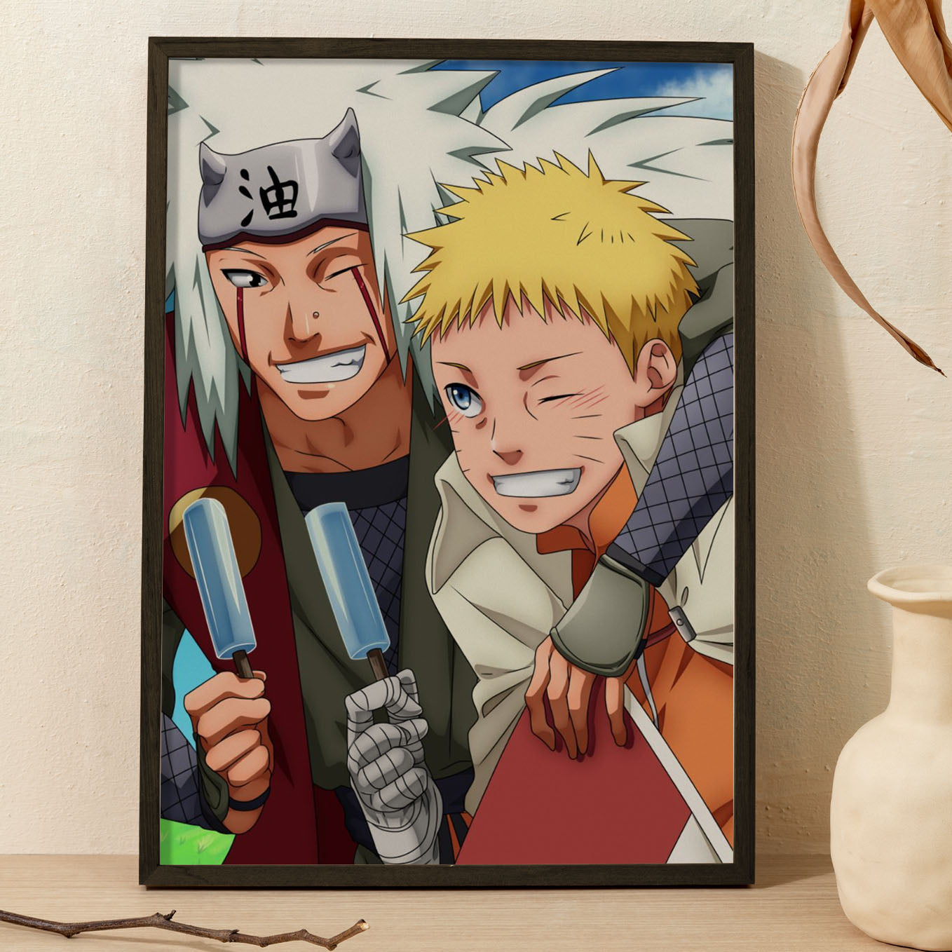 Naruto Jiraiya And Naruto Eating Ice Cream Poster art framed 13x19-Inch - SoulAbiti