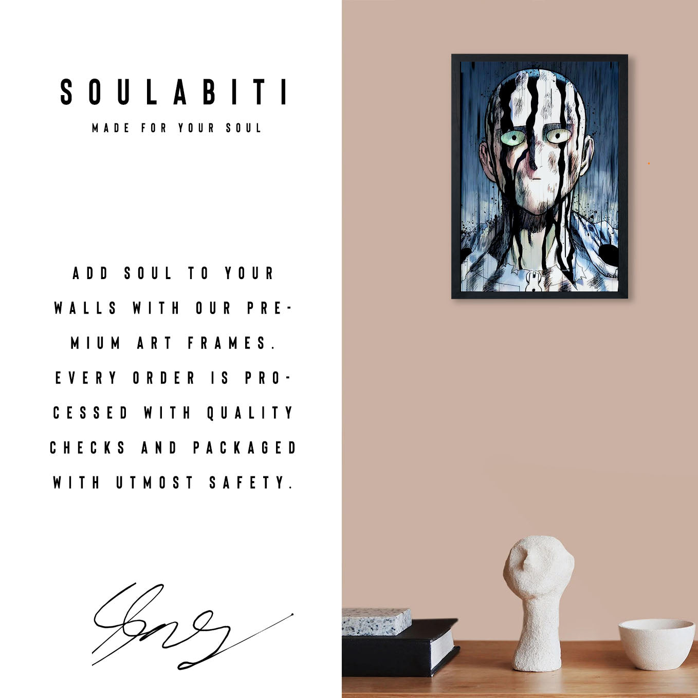 SoulAbiti One Punch Man Saitama Death stare at cosmic garou Poster Art Framed (12x18-Inch, Plexi-Glass, Textured Frame) Framed Wall Décor, Ideal gift for anime fans - SoulAbiti