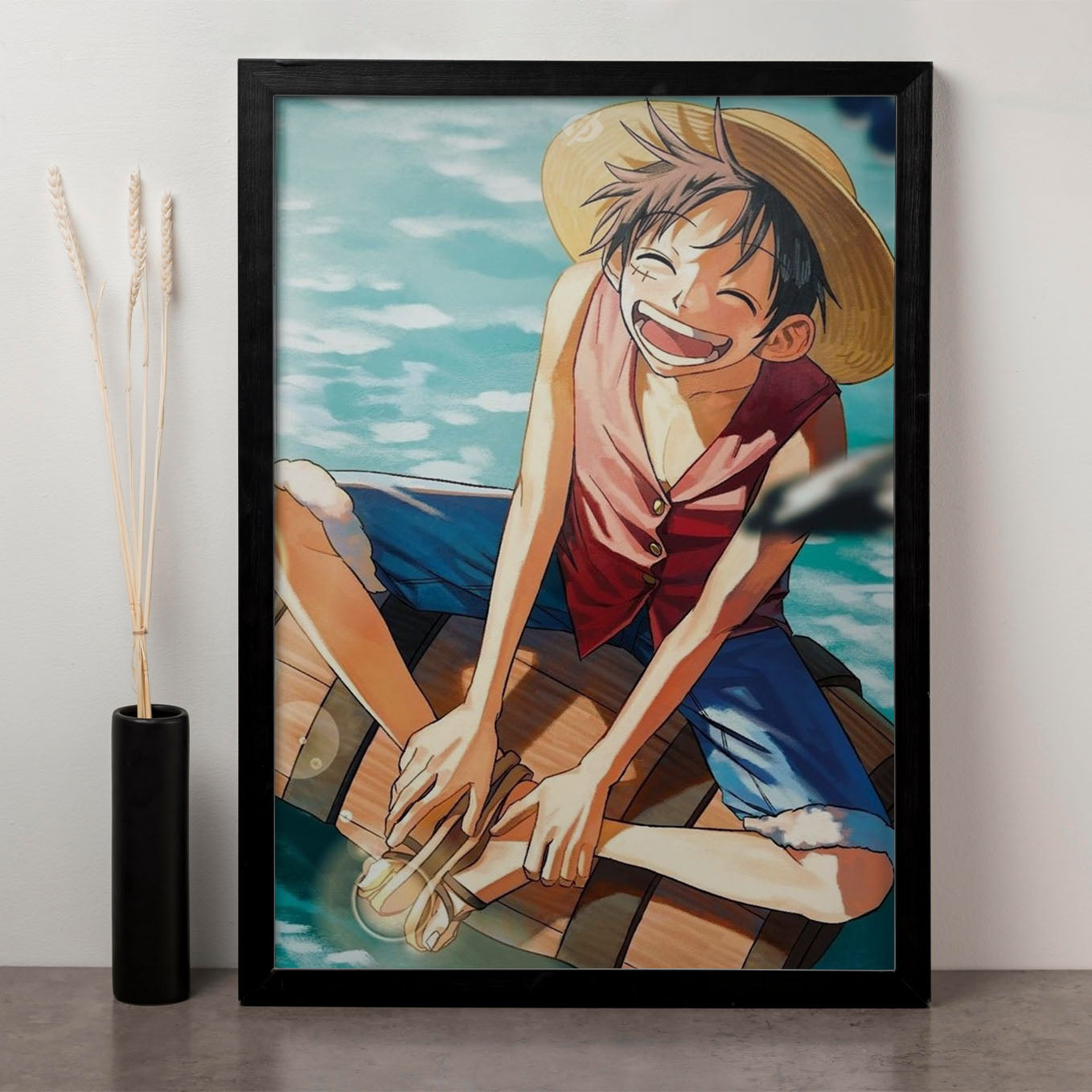 SoulAbiti One Piece Monkey D. Luffy Smiling Poster Art Framed (12x18-Inch, Plexi-Glass, Textured Frame) Framed Wall Décor, Ideal gift for Straw hat pirate fans - SoulAbiti