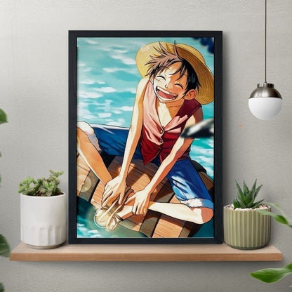 SoulAbiti One Piece Monkey D. Luffy Smiling Poster Art Framed (12x18-Inch, Plexi-Glass, Textured Frame) Framed Wall Décor, Ideal gift for Straw hat pirate fans - SoulAbiti