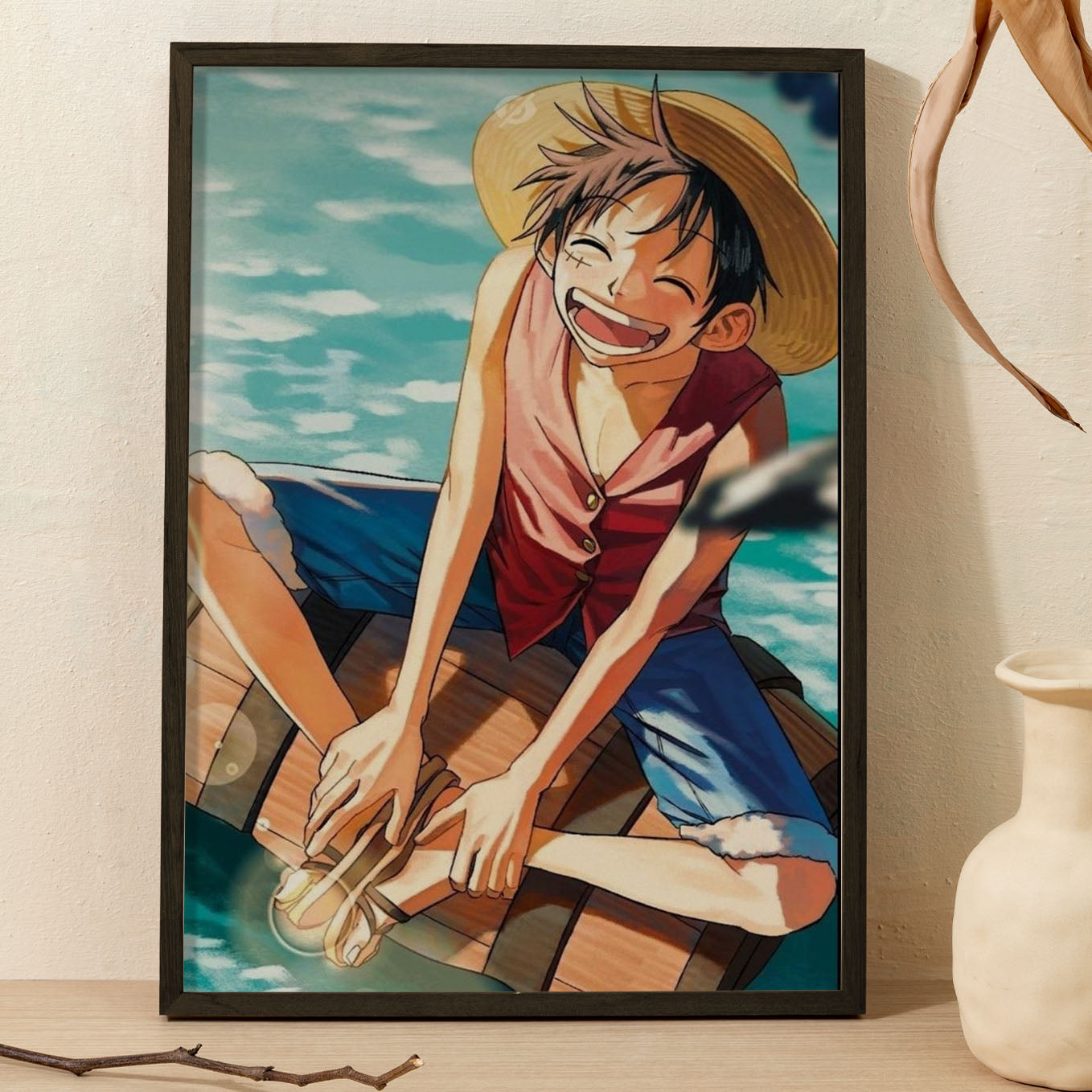 SoulAbiti One Piece Monkey D. Luffy Smiling Poster Art Framed (12x18-Inch, Plexi-Glass, Textured Frame) Framed Wall Décor, Ideal gift for Straw hat pirate fans - SoulAbiti