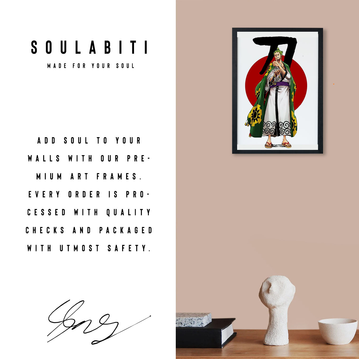 SoulAbiti One Piece Roronoa Zoro wano arc Ronin Poster Art Framed (12x18-Inch, Plexi-Glass, Textured Frame) Framed Wall Décor, Ideal gift for Straw hat pirate fans - SoulAbiti