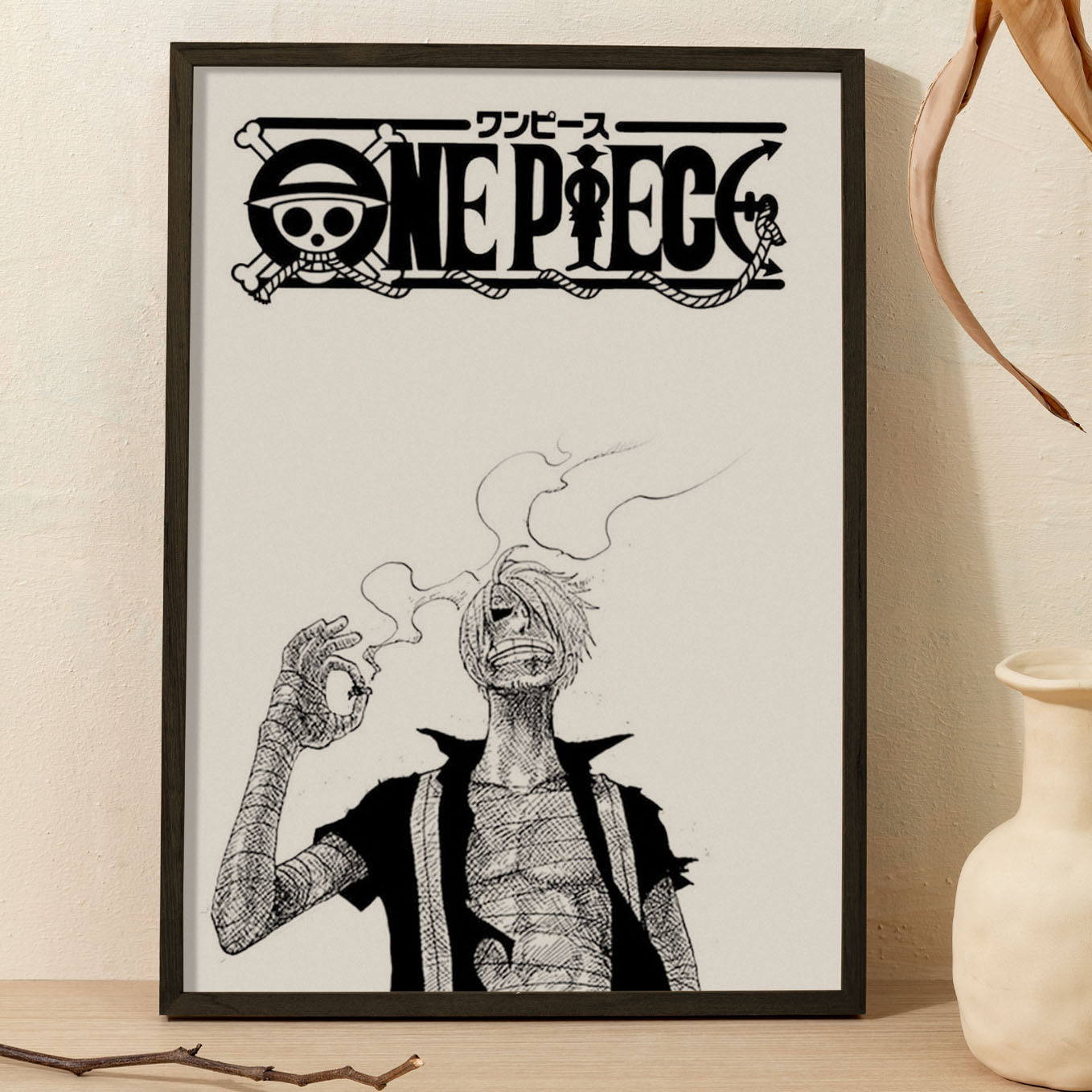 SoulAbiti One Piece Sanji smoking Art Framed (12x18-Inch, Plexi-Glass, Textured Frame) Framed Wall Décor, Ideal gift for Straw hat pirate fans - SoulAbiti